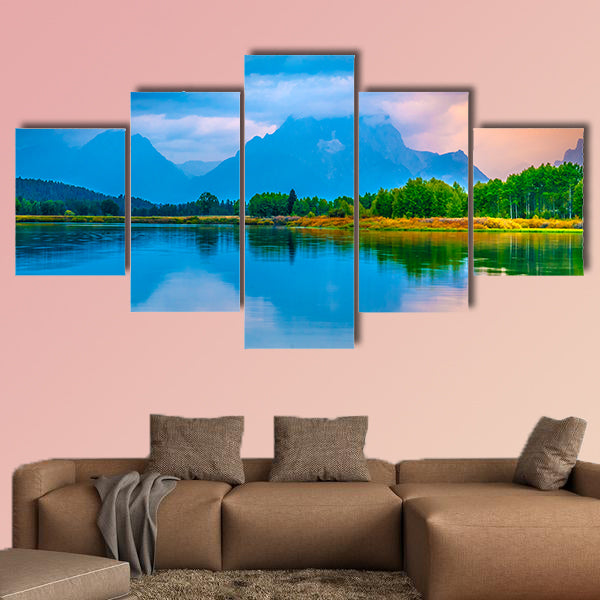 Gorgeous Sunrise, reflection in the water - Grand Tetons Oxbow Point Multi panel canvas wall art