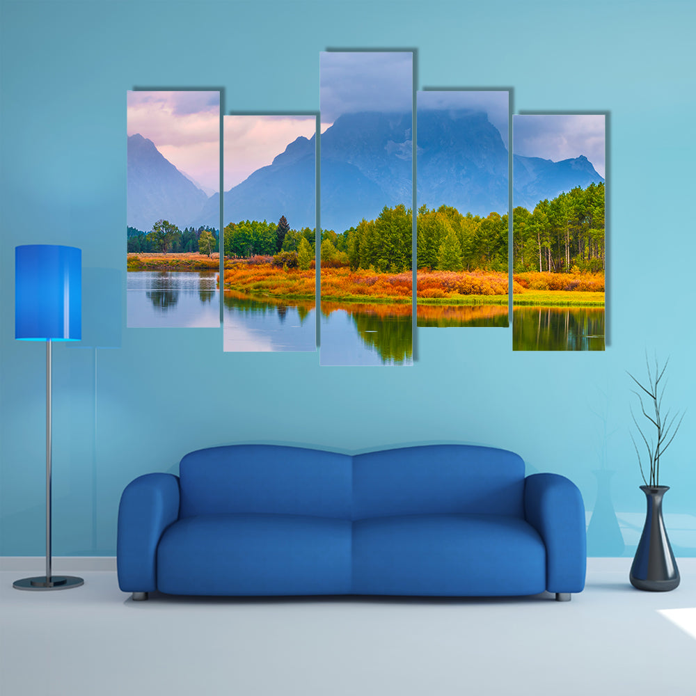 Gorgeous Sunrise, The Grand Tetons Oxbow Point Multi Panel Canvas Wall Art