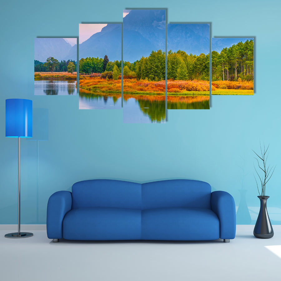 Gorgeous Sunrise, The Grand Tetons Oxbow Point Multi Panel Canvas Wall Art