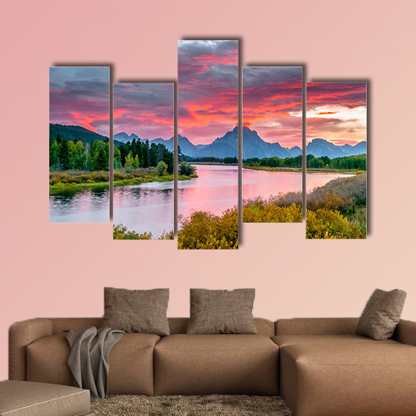 Amazing Sunset over Grand Tetons taken from the Oxbow Bend Turnout Multi panel canvas wall art
