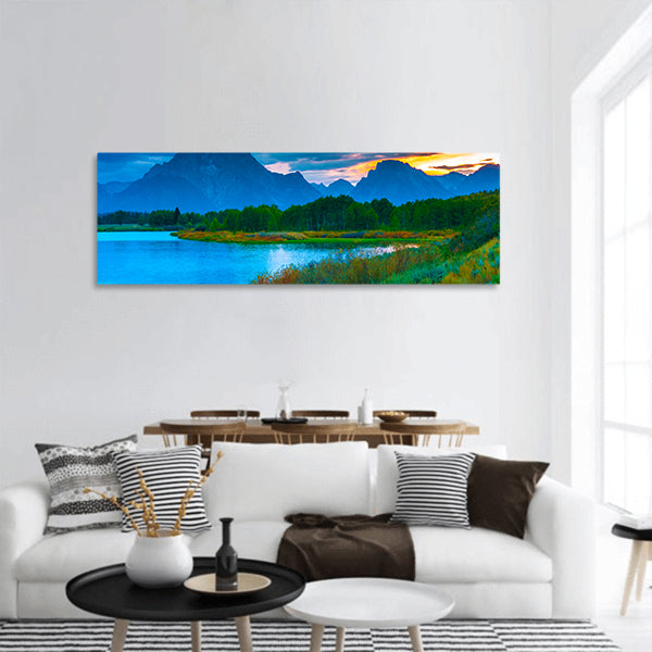 Sunset over Grand Tetons taken from Oxbow Bend Turnout panoramic canvas wall art