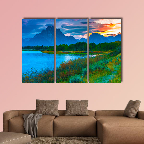 Amazing Sunset over Grand Tetons taken from the Oxbow Bend Turnout multi panel wall art canvas