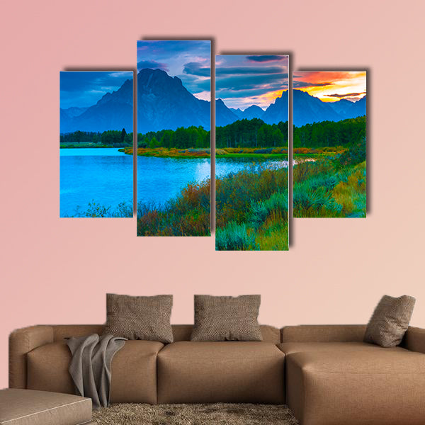Amazing Sunset over Grand Tetons taken from the Oxbow Bend Turnout multi panel wall art canvas