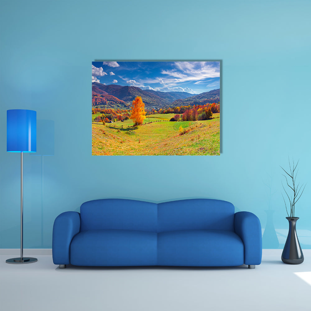 The Colorful autumn panorama of the mountain village Multi Panel Canvas Wall Art