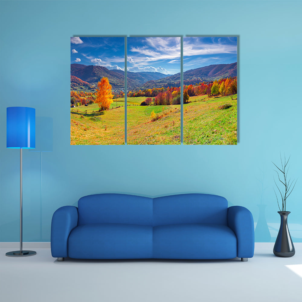 The Colorful autumn panorama of the mountain village Multi Panel Canvas Wall Art