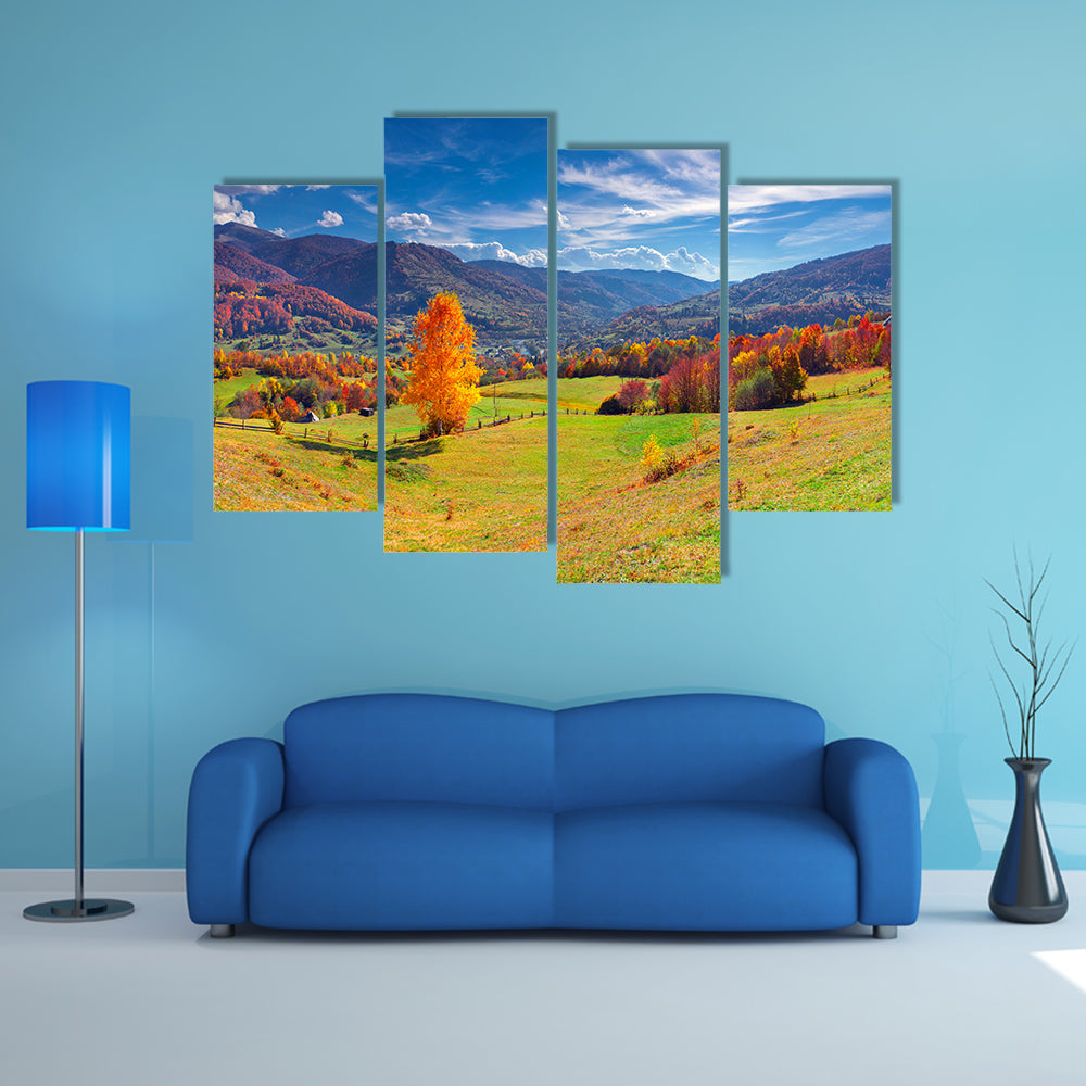 The Colorful autumn panorama of the mountain village Multi Panel Canvas Wall Art