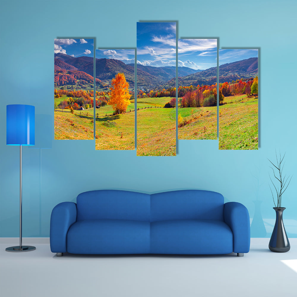 The Colorful autumn panorama of the mountain village Multi Panel Canvas Wall Art