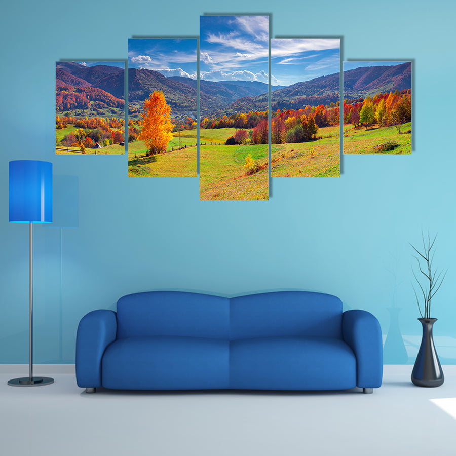 The Colorful autumn panorama of the mountain village Multi Panel Canvas Wall Art