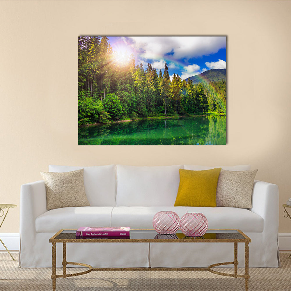 view on lake near the pine forest early in the morning on mountain background multi panel canvas wall art