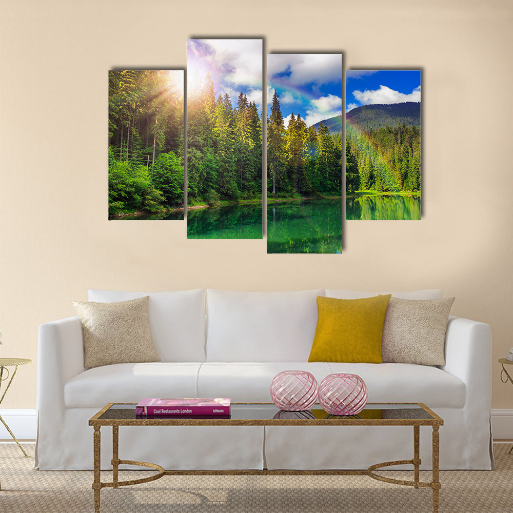 view on lake near the pine forest early in the morning on mountain background multi panel canvas wall art