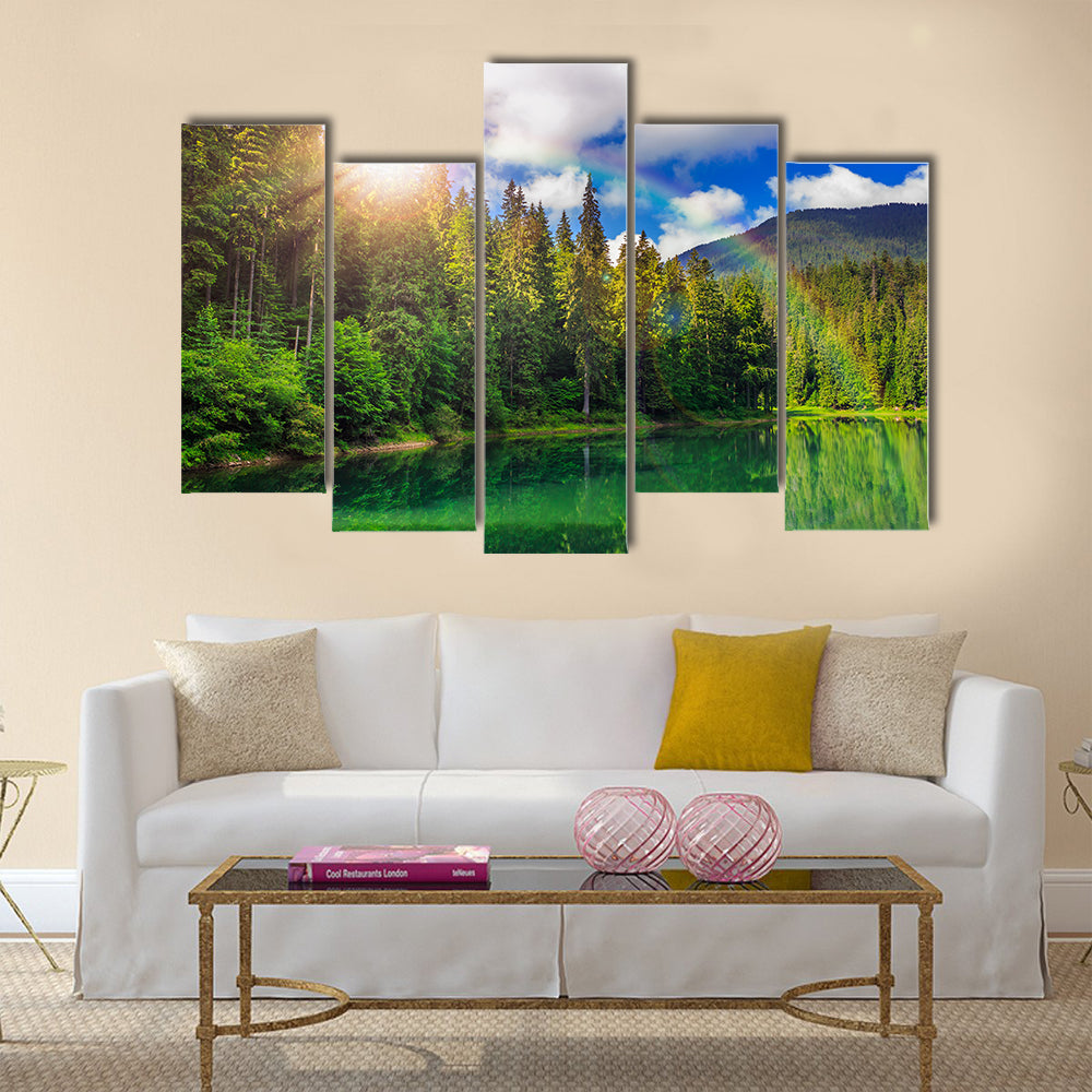 view on lake near the pine forest early in the morning on mountain background multi panel canvas wall art