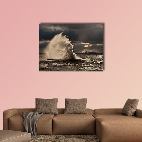 High wave at the pier in a stormy weather multi panel canvas wall art