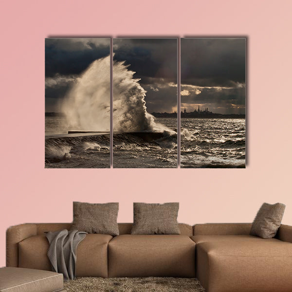 High wave at the pier in a stormy weather multi panel canvas wall art