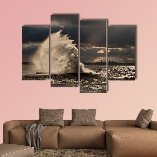 High wave at the pier in a stormy weather multi panel canvas wall art