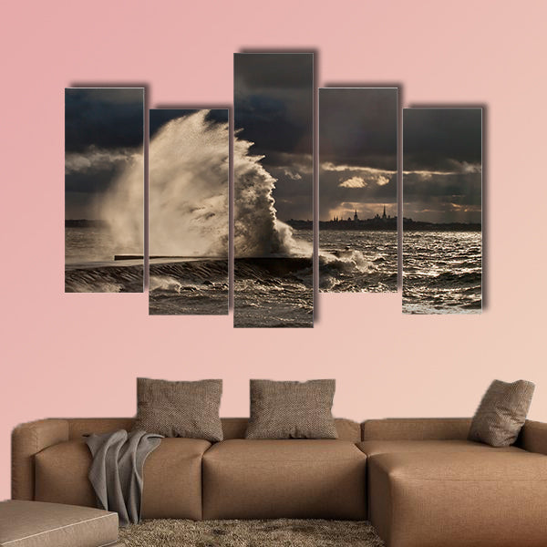 High wave at the pier in a stormy weather multi panel canvas wall art