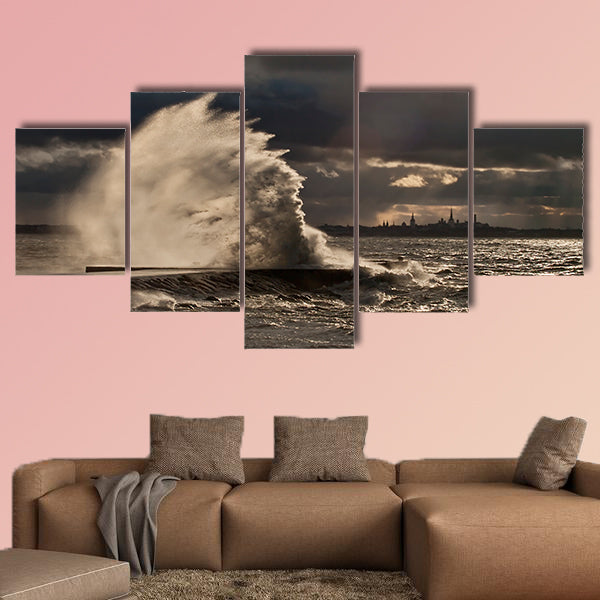 High wave at the pier in a stormy weather multi panel canvas wall art