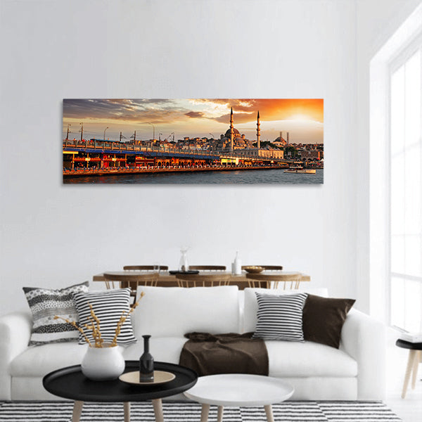 Istanbul at a dramatic sunset with sun panoramic canvas wall art