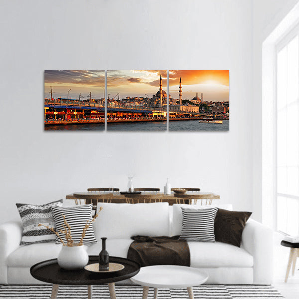 Istanbul at a dramatic sunset with sun panoramic canvas wall art