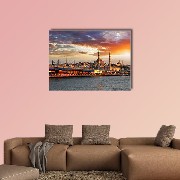Istanbul at a dramatic sunset with sun multi panel canvas wall art