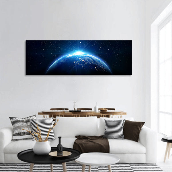 Blue sunrise, view of earth from space panoramic canvas wall art
