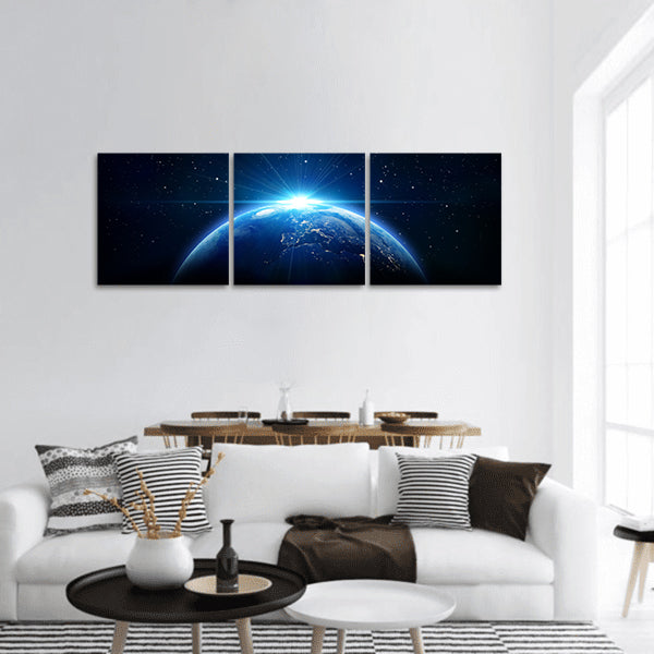 Blue sunrise, view of earth from space panoramic canvas wall art