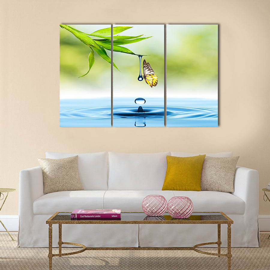 Butterfly with green leaf and water drop Multi Panel Canvas Wall Art