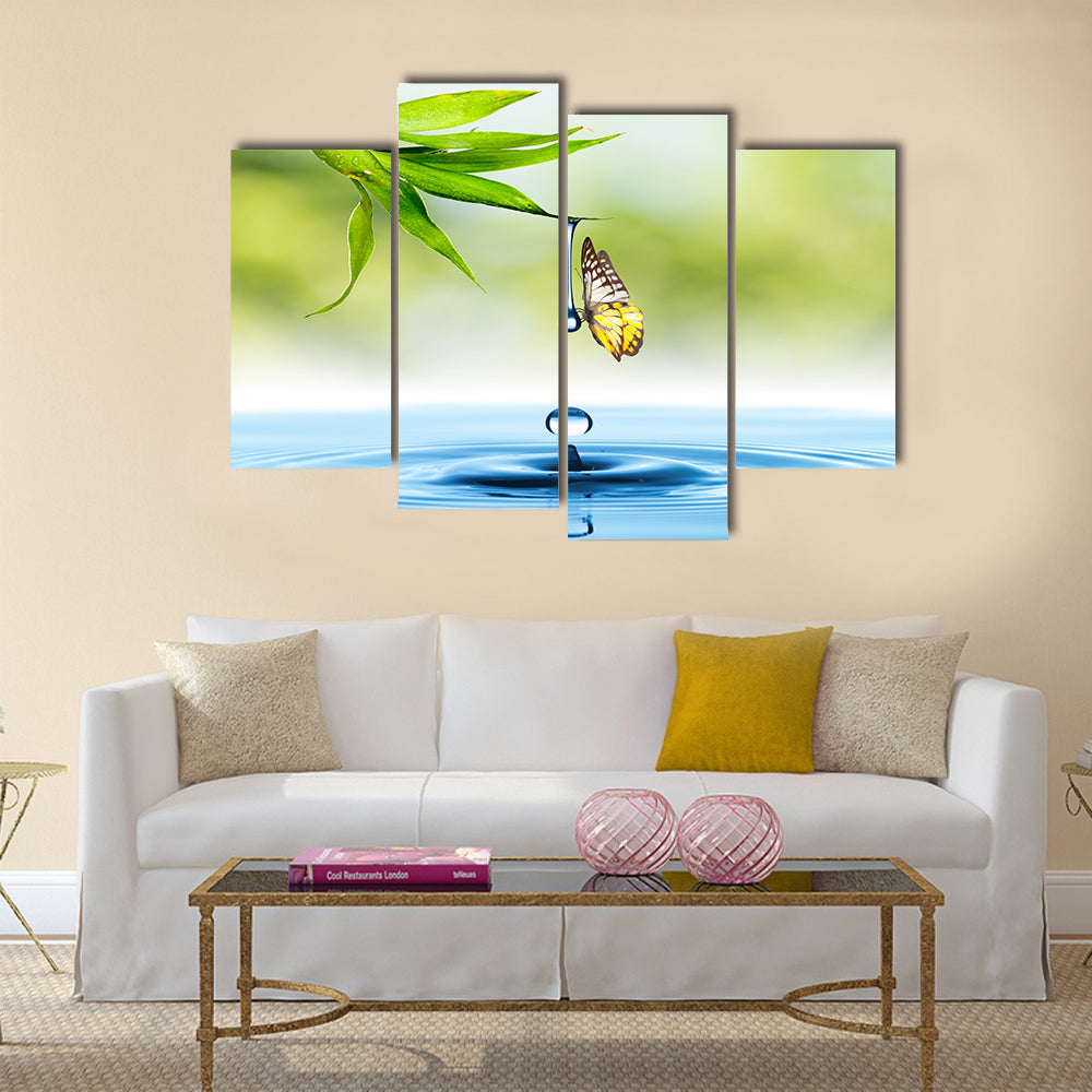 Butterfly with green leaf and water drop Multi Panel Canvas Wall Art
