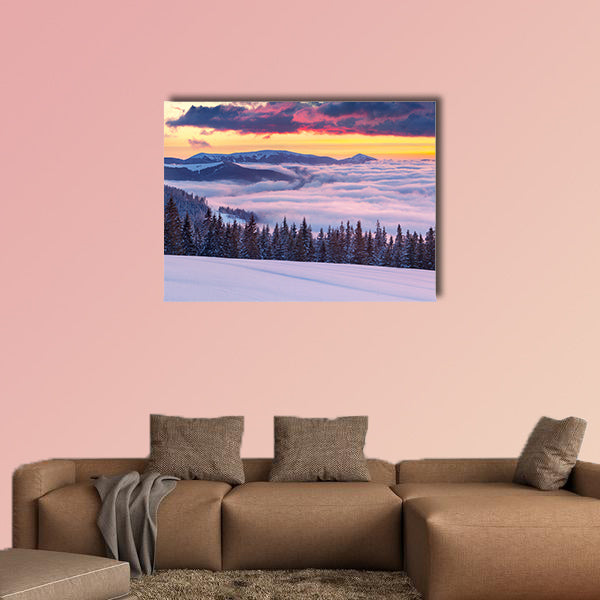 Morning fog in the Winter Mountains. 10 minutes before sunrise Multi panel canvas wall art