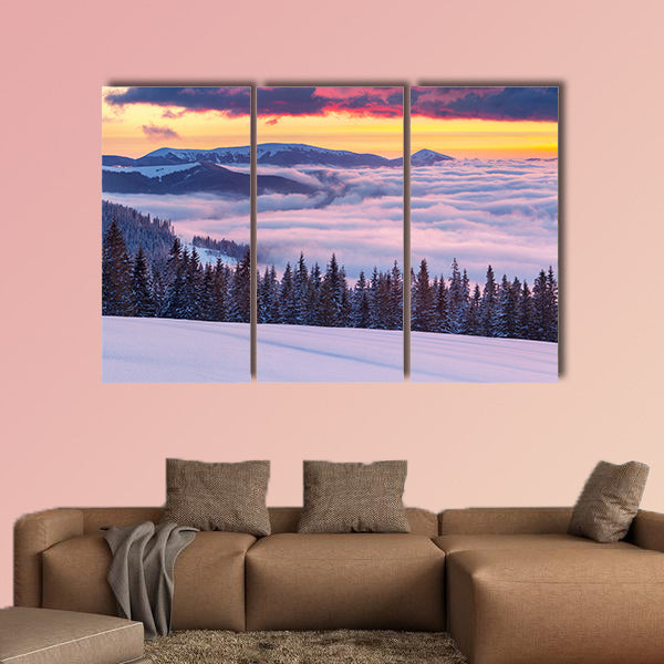 Morning fog in the Winter Mountains. 10 minutes before sunrise Multi panel canvas wall art