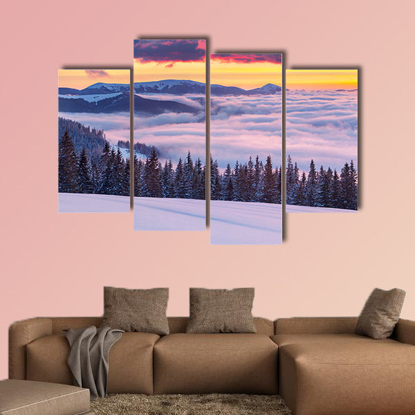Morning fog in the Winter Mountains. 10 minutes before sunrise Multi panel canvas wall art