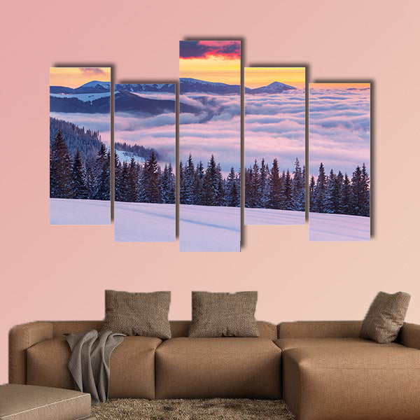 Morning fog in the Winter Mountains. 10 minutes before sunrise Multi panel canvas wall art