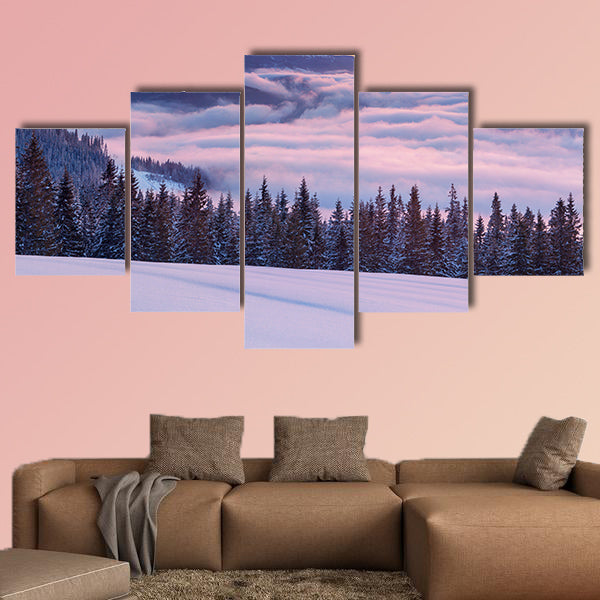 Morning fog in the Winter Mountains. 10 minutes before sunrise Multi panel canvas wall art