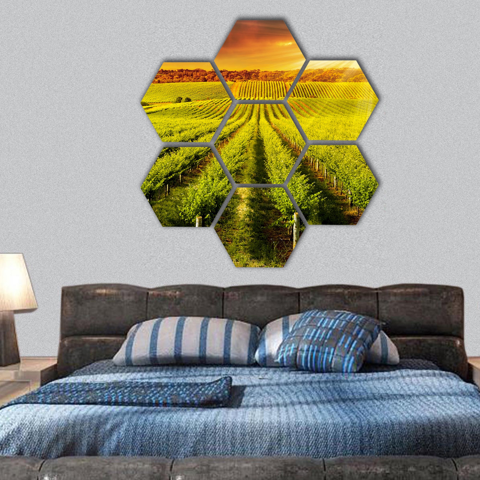 Beautiful Sunset over vineyard in South Australia hexagonal canvas wall art
