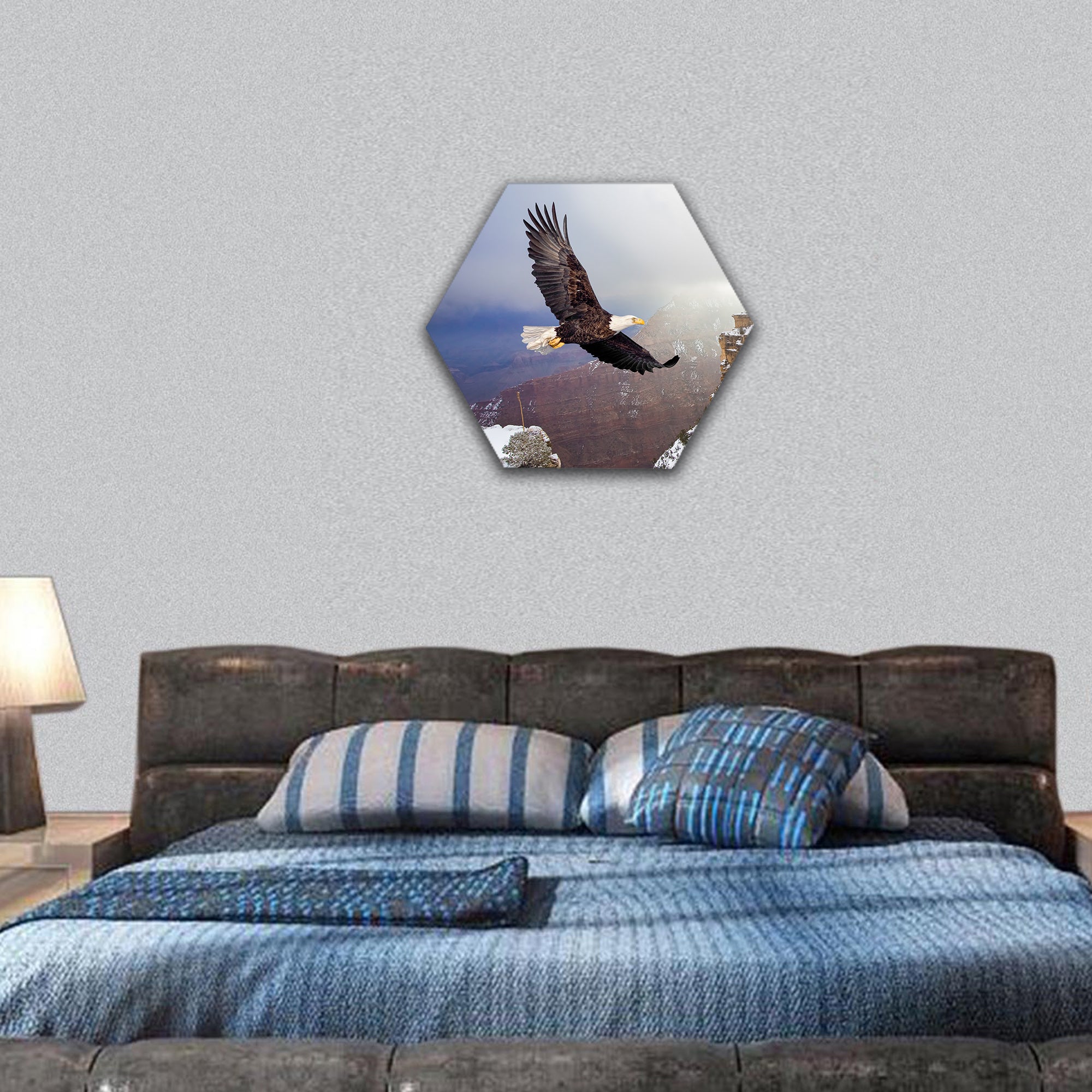 Bald eagle flying above grand canyon hexagonal canvas wall art