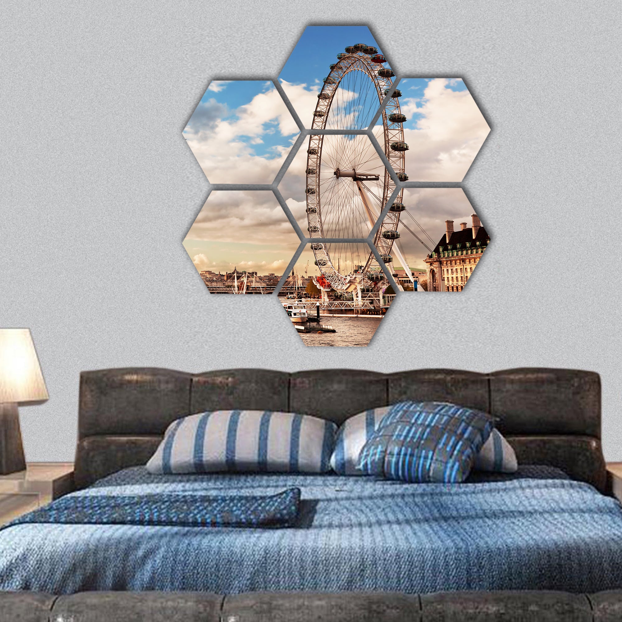 The London Eye on River Thames , UK skyline  hexagonal canvas wall art