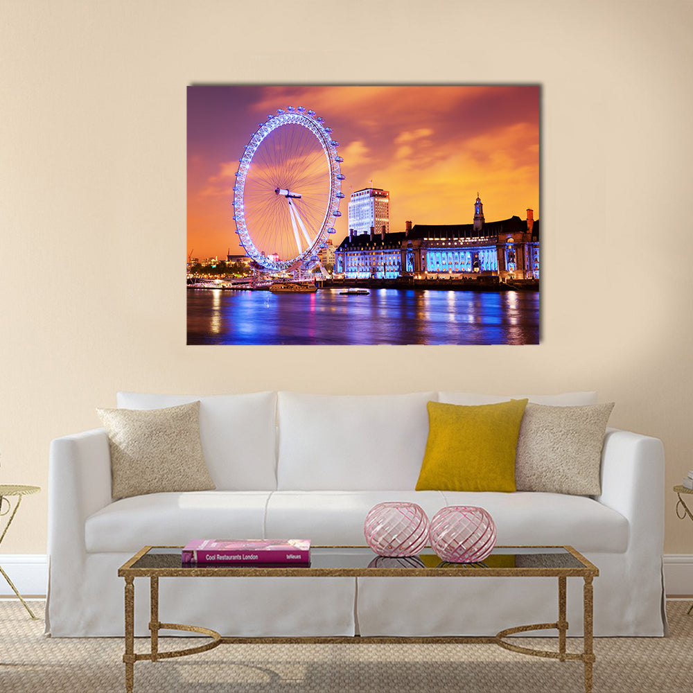 London, England the UK skyline in the evening. Ilumination  Multi panel canvas wall art