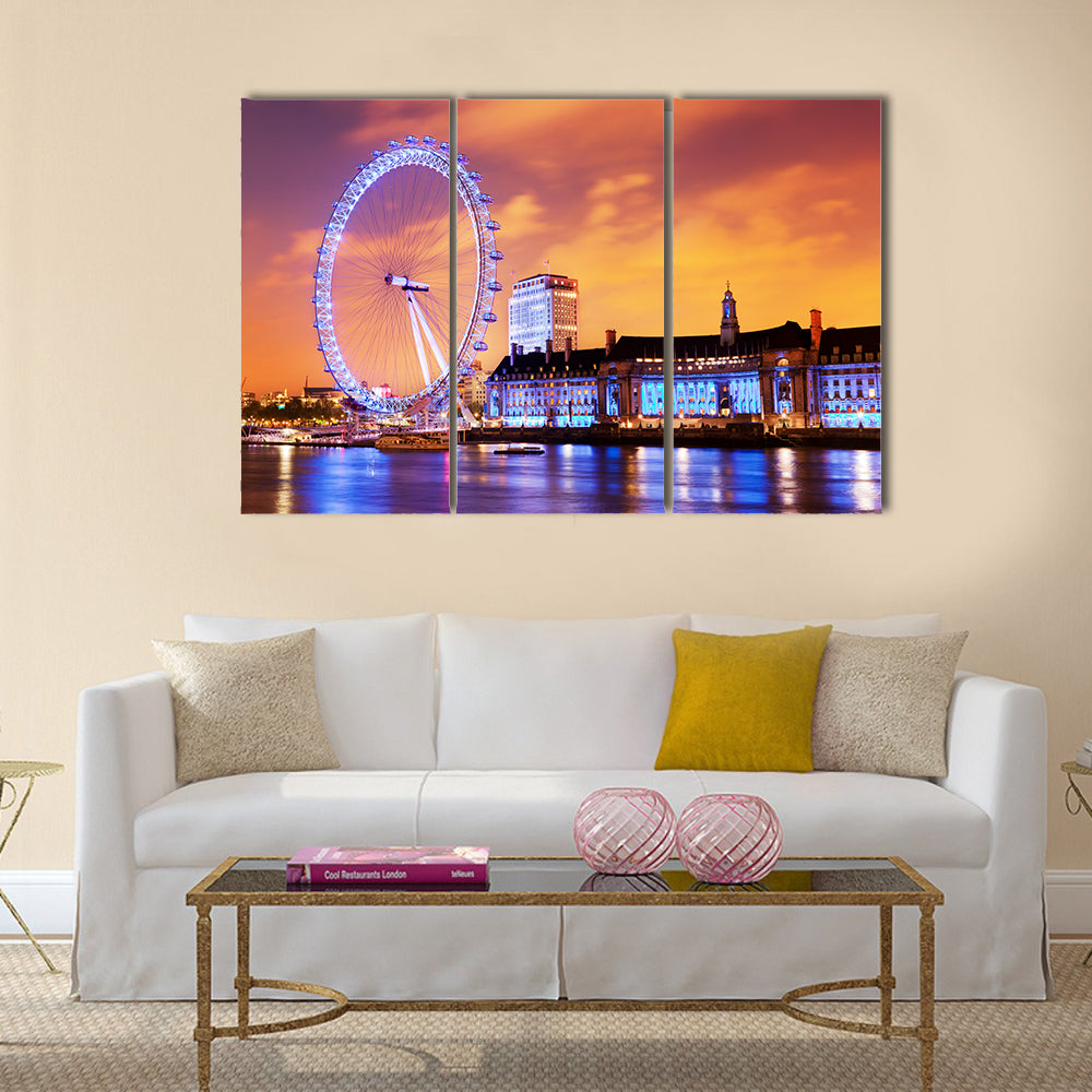 London, England the UK skyline in the evening. Ilumination  Multi panel canvas wall art
