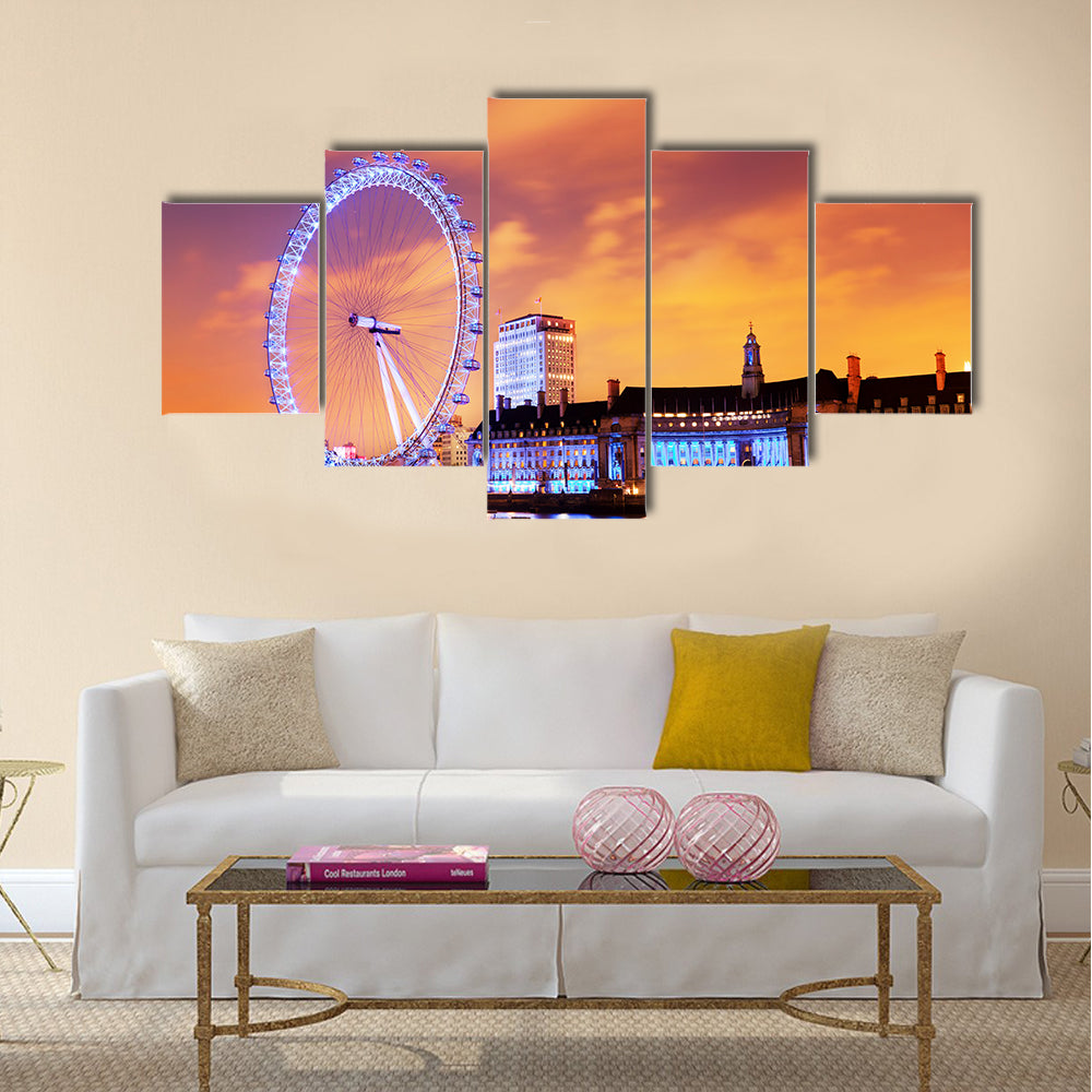 London, England the UK skyline in the evening. Ilumination  Multi panel canvas wall art