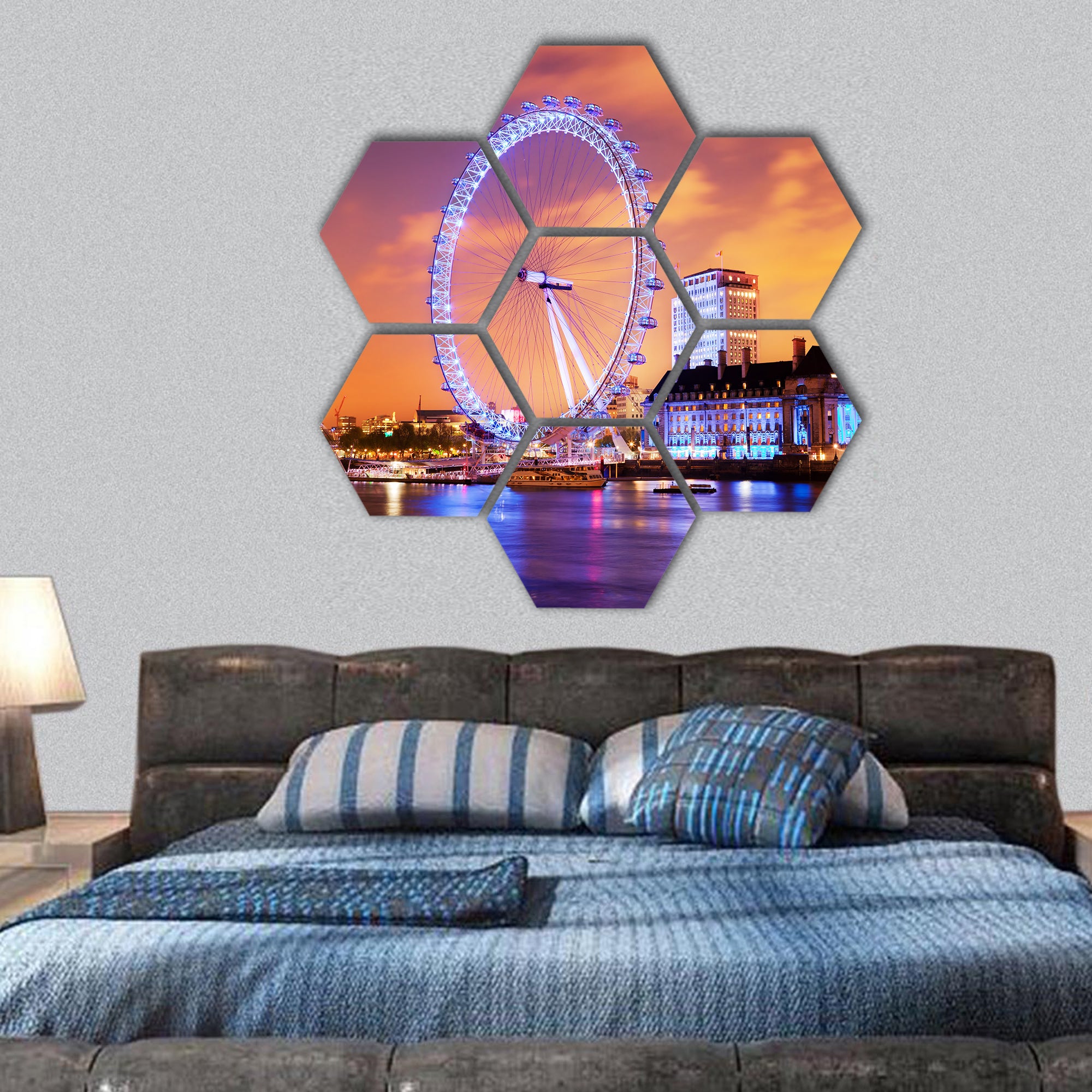 London Eye and the buildings next to River Thames hexagonal canvas wall art