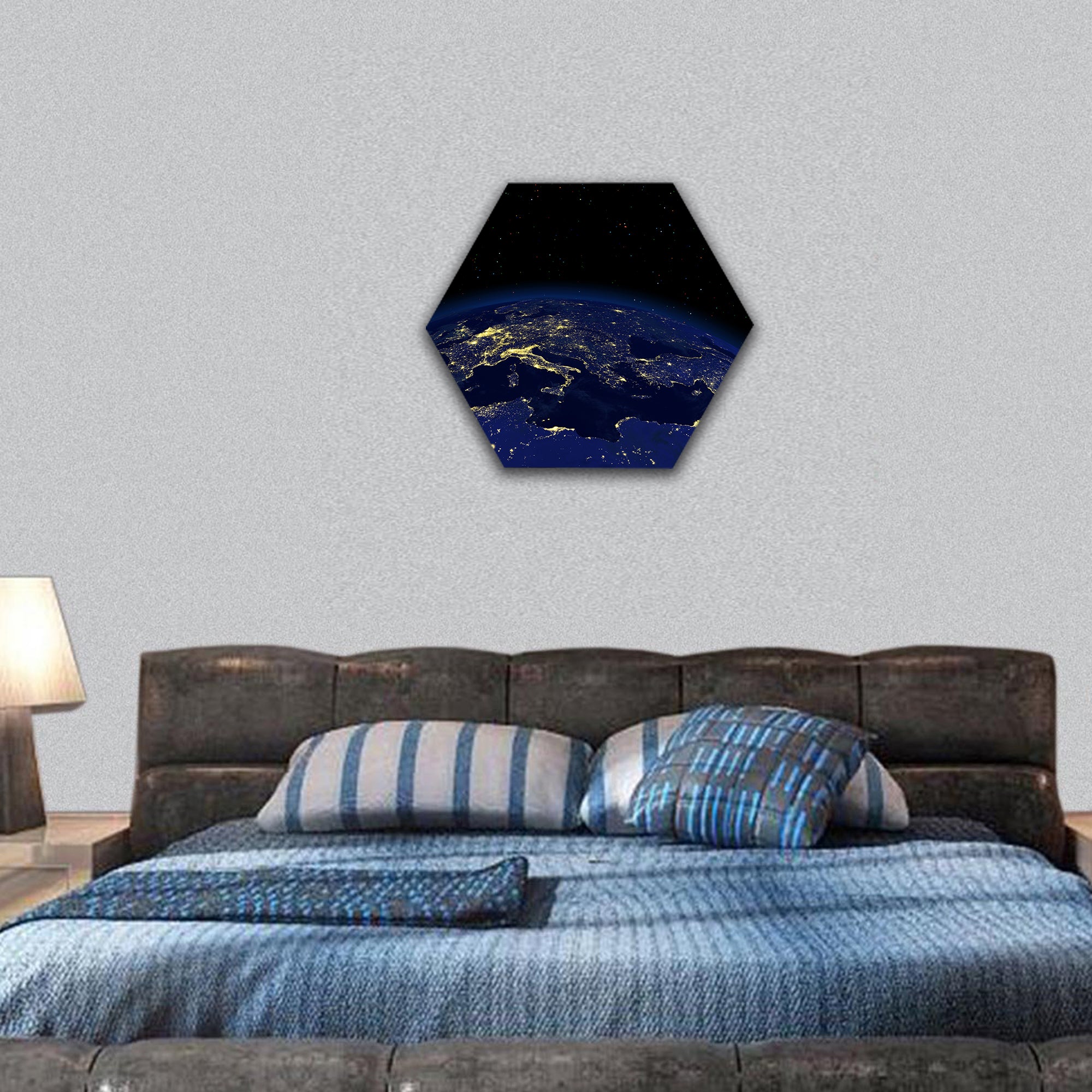 View of a earth night side from space hexagonal canvas wall art