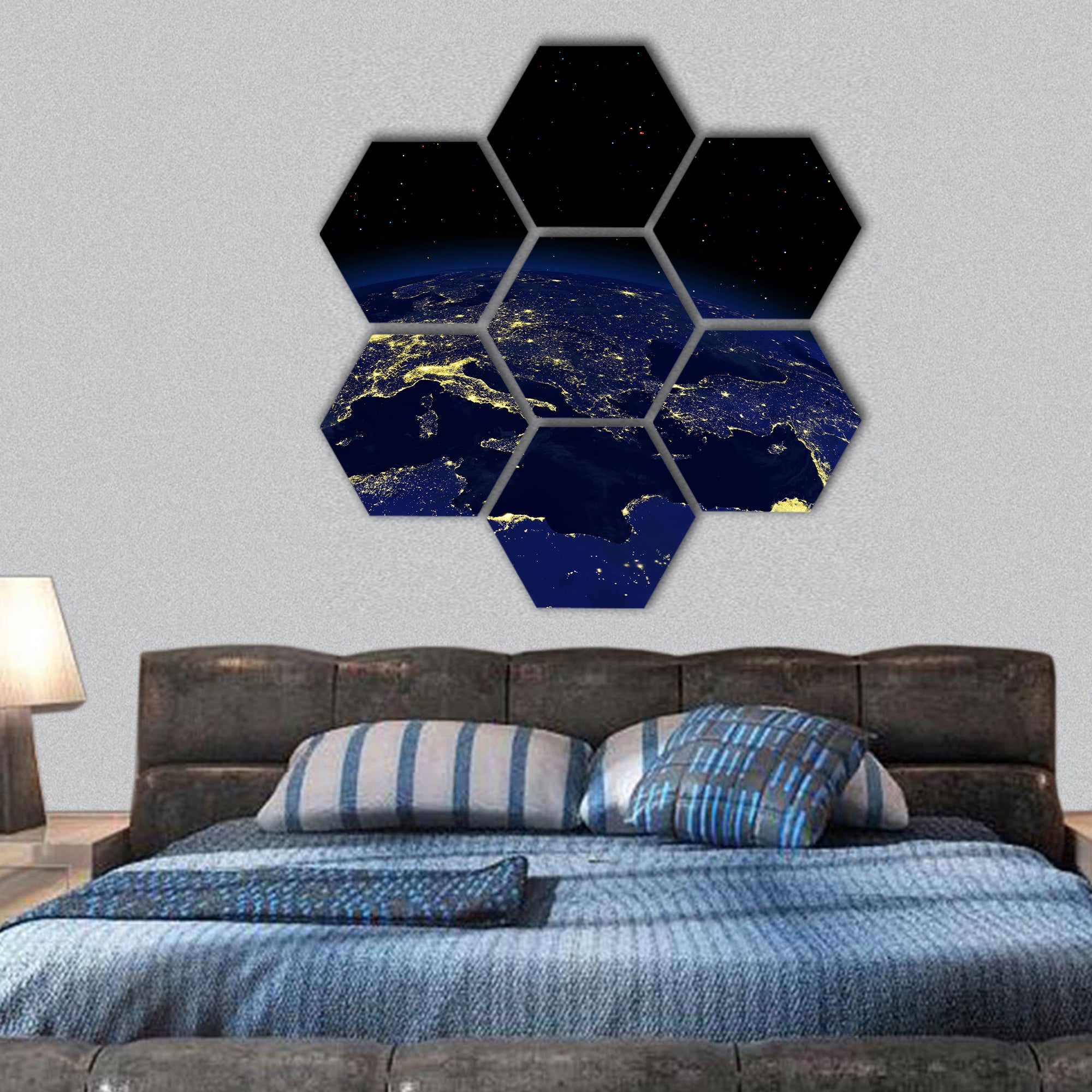 View of a earth night side from space hexagonal canvas wall art