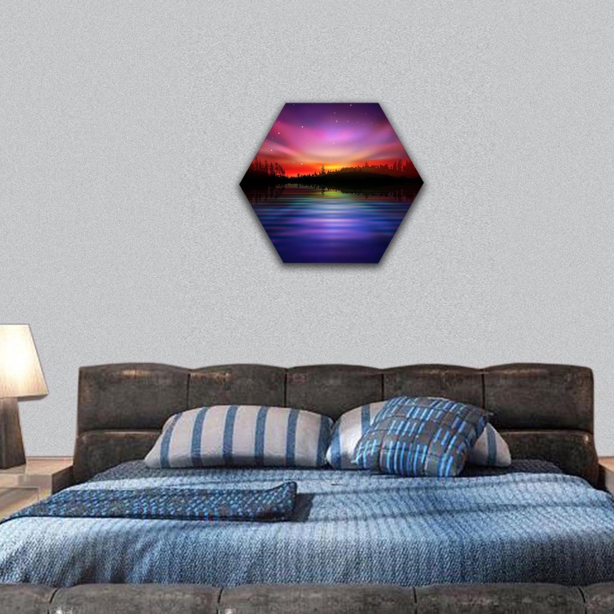 abstract night nature background with pink aurora borealis hexagonal canvas wall art
