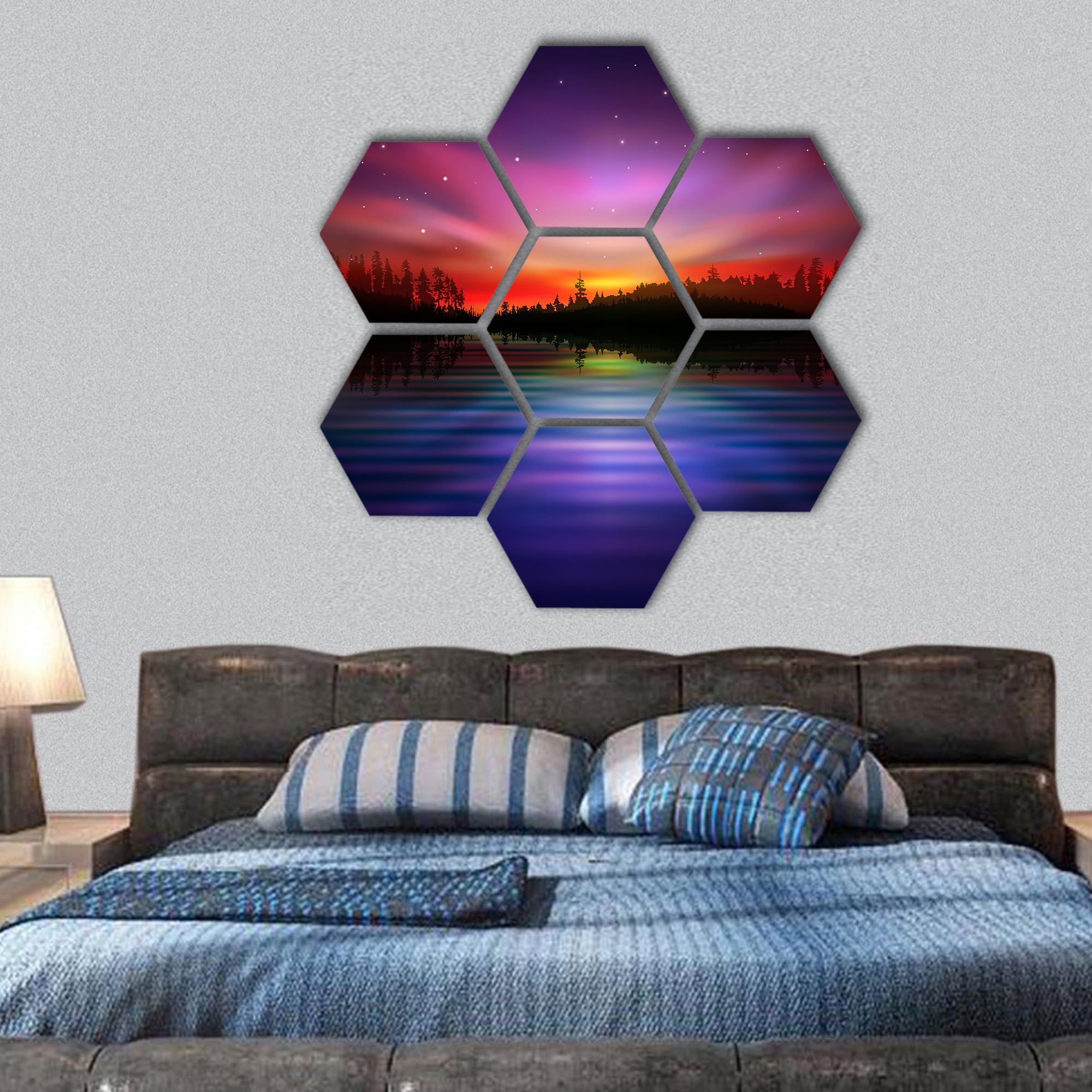 abstract night nature background with pink aurora borealis hexagonal canvas wall art