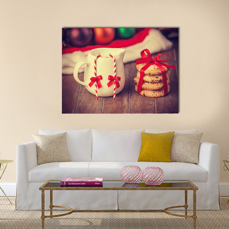 Cookies, earrings and christmas gifts at background Multi Panel Canvas Wall Art