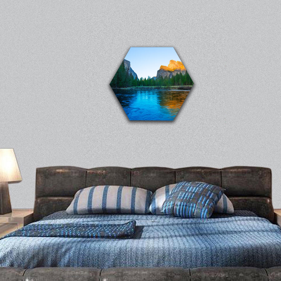 Yosemite Merced River el Capitan and Half Dome in California hexagonal canvas wall art