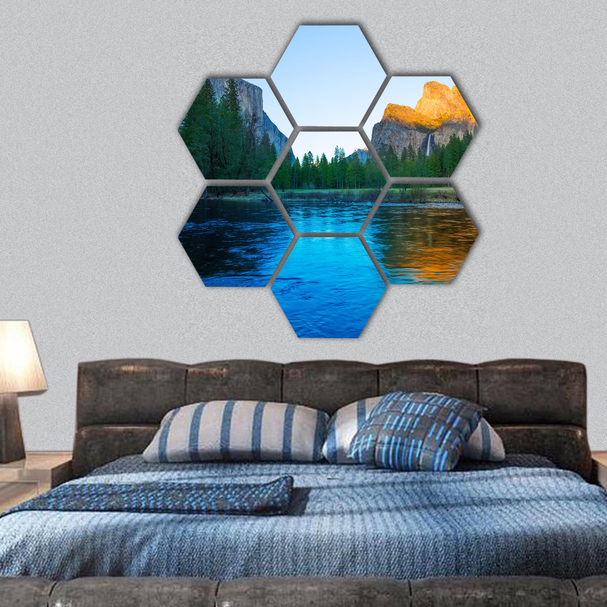 Yosemite Merced River el Capitan and Half Dome in California hexagonal canvas wall art