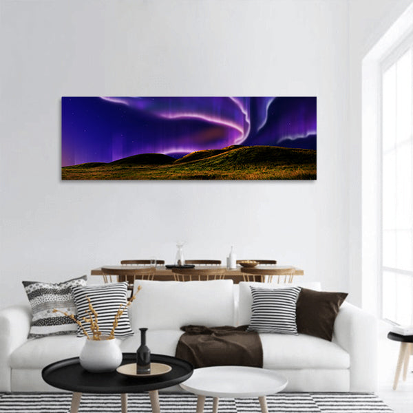 Northern light on the silent field before sun rise panoramic canvas wall art