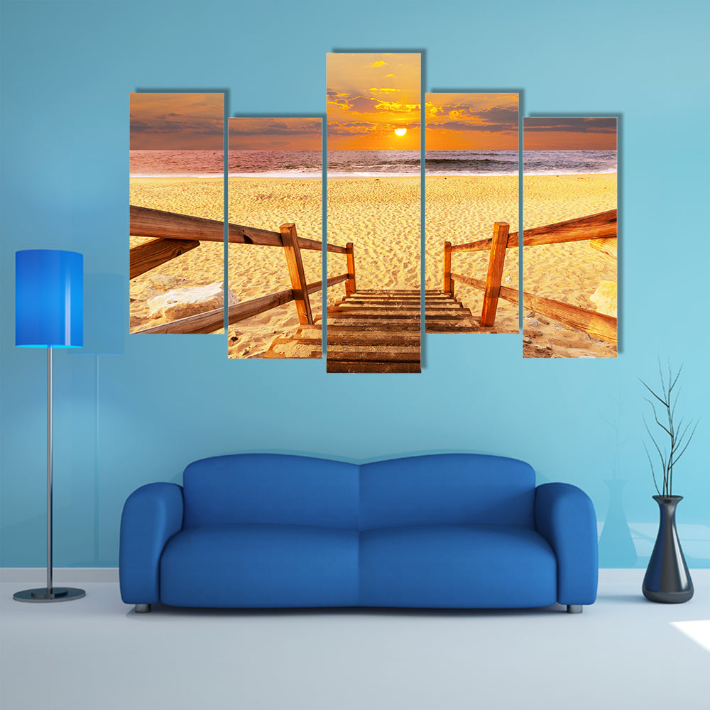 A Boardwalk On Beach Multi Panel Canvas Wall Art