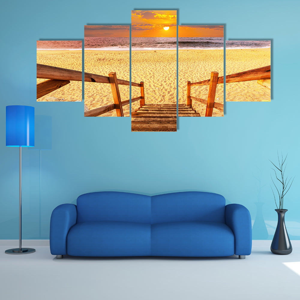 A Boardwalk On Beach Multi Panel Canvas Wall Art