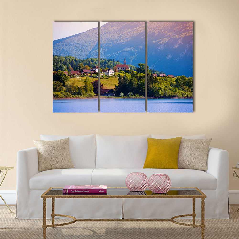 Lac d'aiguebelette and village on it, located near Alps in France multi panel canvas wall art